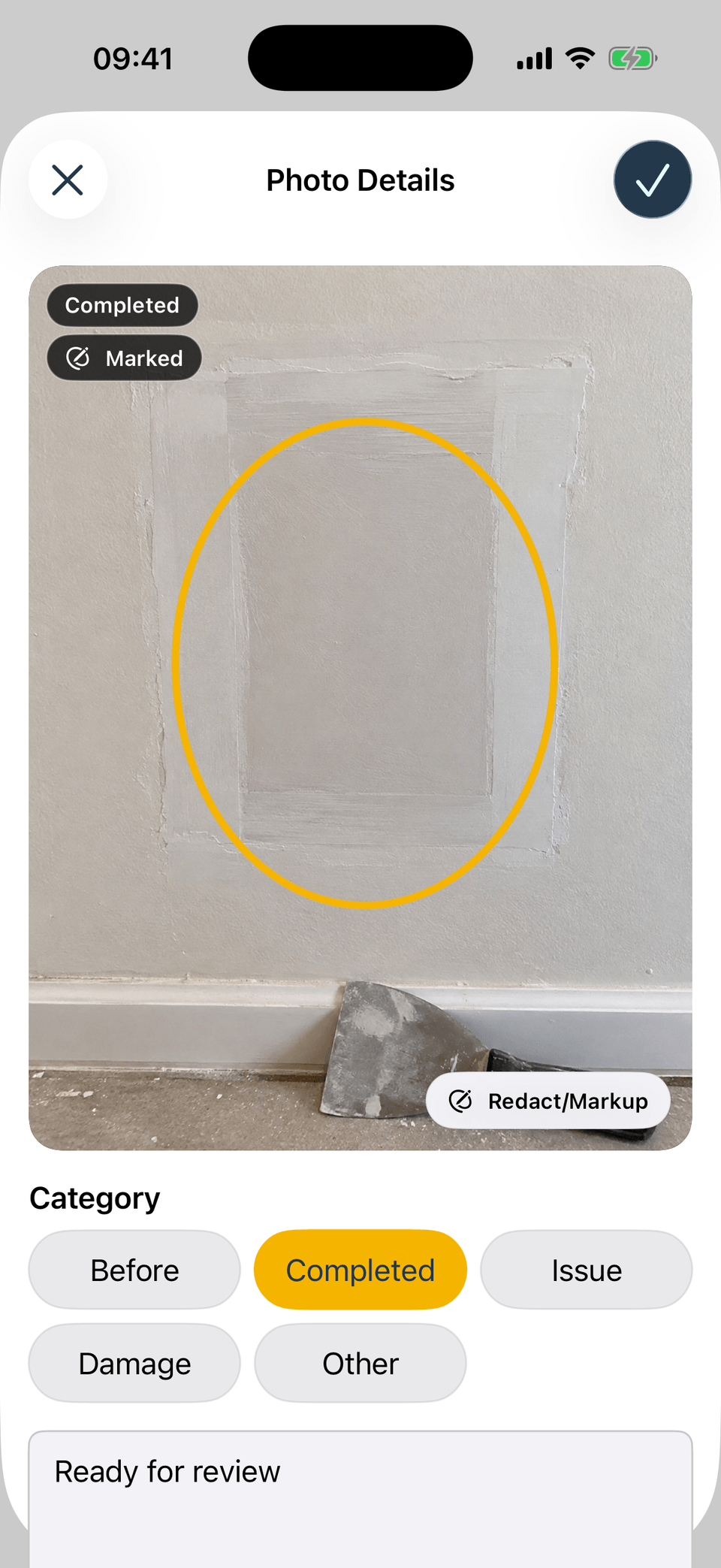 Dillo Reports photo details screen showing a marked drywall patch, Completed category, and Ready for review caption.