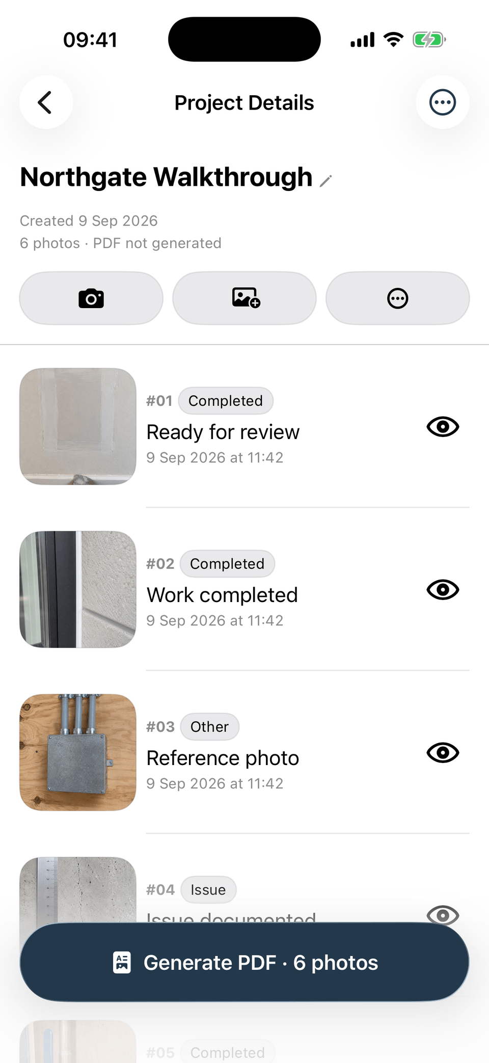 Dillo Reports project screen organizing six site photos with categories, captions, and a Generate PDF action.